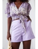 Short envelope blouse with flowers and a belt, purple and cream 02041 - Online store - Boutique